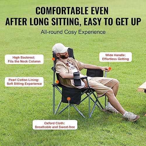 VEVOR Oversized Camping Folding Chair 1 Pack Heavy Duty Portable Outdoor Seat with Lumbar Support and Cooler Bag