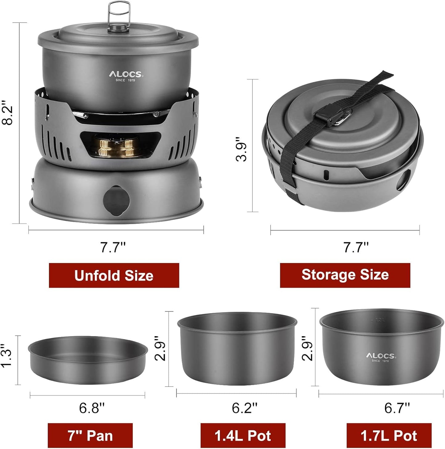 ALOCS Camping Cookware - 11 Piece Lightweight Camp Cooking Set with Portable Camping Stove & Gas Stove Burner - Durable Compact Camping Pot for Hiking Car Camping Vanlife RV