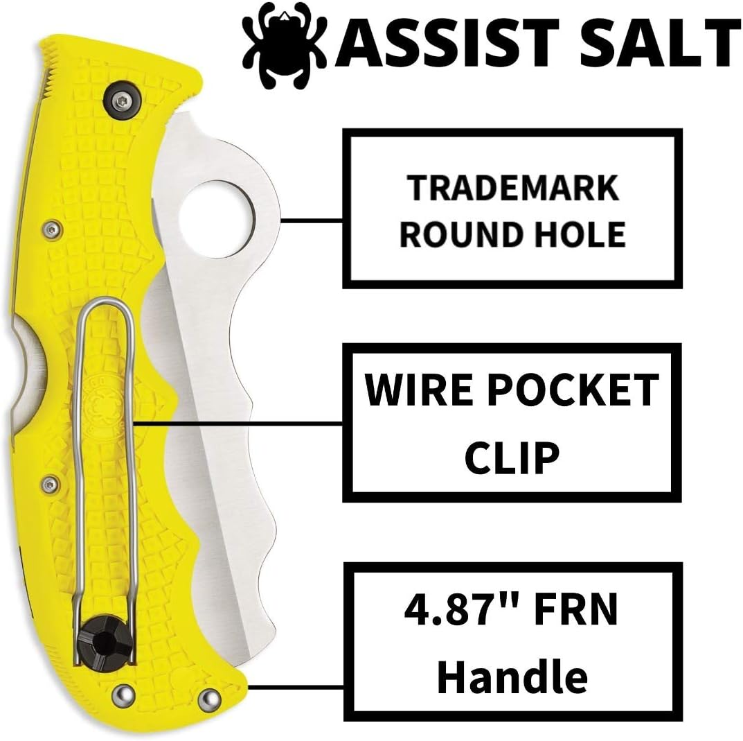 Spyderco Assist Salt Knife with 3.68" H-1 Corrosion-Resistant Stainless Steel Blade and Lightweight Yellow FRN Handle - SpyderEdge - C79PSYL