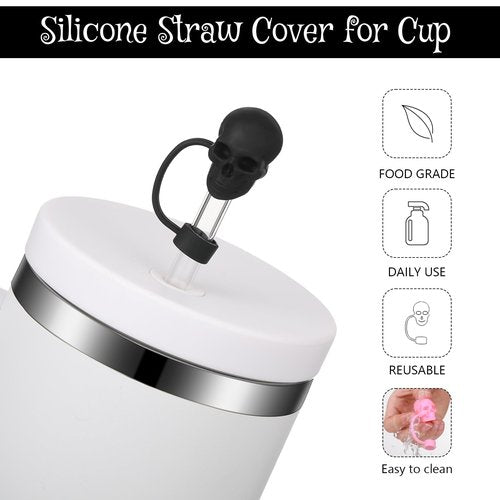 Yoande 12 Pcs Halloween Skull Straw Topper Compatible with Stanley Cup Accessories 30 40 oz 10 mm Silicone Straw Cover Cap Reusable for Halloween Cup Accessories Decoration Gift(Black, Pink)