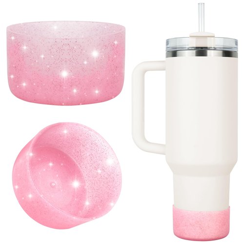 Chivixe Protective Silicone Boot Compatible with Stanley Tumbler 20-40oz Hydro Flask Water Bottle 12-24oz and More Bottles Tumblers Accessories for 2.8-2.95in Bottom, Bling Anti-Slip Sleeve Cover,Pink