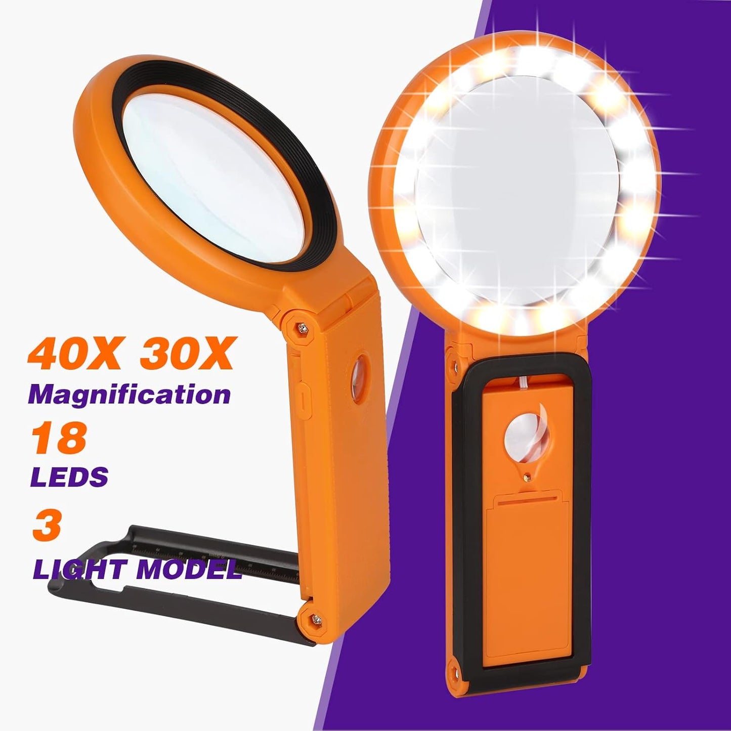 30X 10X Magnifying Glass with Light and Stand, Foldable Handheld Magnifying Glass 18 LED Illuminated Lighted Magnifier for Macular Degeneration, Seniors Reading, Close Work, Coins, Jewelry