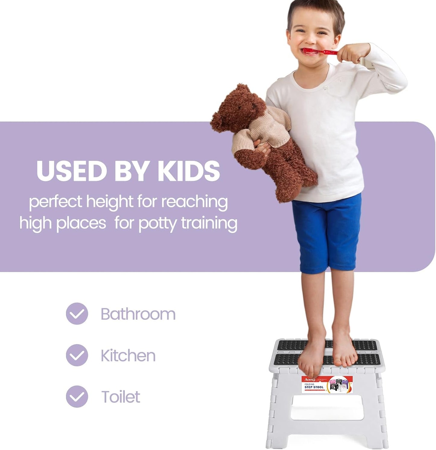 ACSTEP Folding Step Stool Foldable Stool 7.5 Inch Height Kids Step Stool, 300 lb Capacity Plastic Collapsible Stool, Stepping Stool with Handle Black Small Step Stool, Foot Stool Suitable for Kitchen