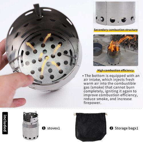 Soomloom Titanium Camp Stove S Secondary Combustion Fire Pit SOLO Ultralight Folding Firewood Stove Round Portable Heater Tent Cooking BBQ Open Fire Camping Outdoor Warmer Multipurpose, metal