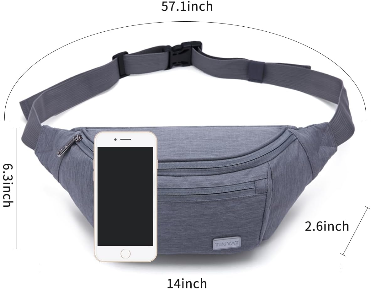 TINYAT Large Fanny Pack Travel Waist Bag Lightweight for Men&Women with Adjustable Strap T206 Blue