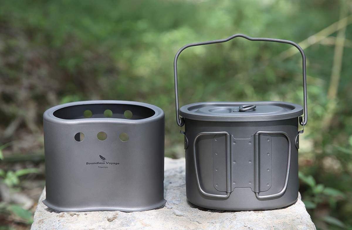 Boundless Voyage Titanium Pot with Wood Stove Set Ultralight Cup Mug with Lid for Outdoor Camping Picnic Hiking Backpacking 800ml/27 fl oz
