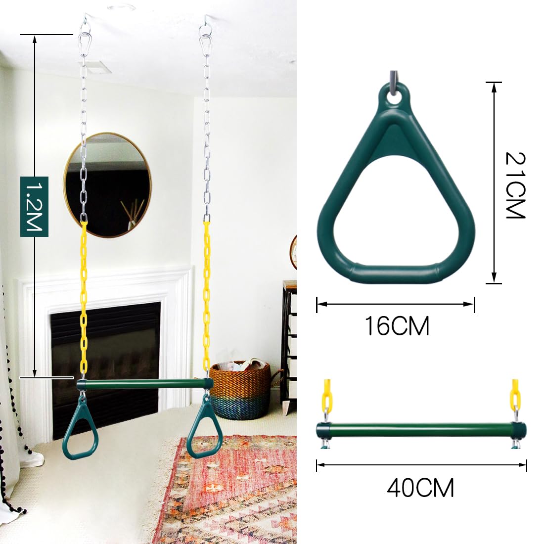 LadyRosian Gym Rings Trapeze Swing Bar 16", Heavy Duty 47" Chain Swing Set Accessories with Locking Carabiners, Monkey Bars for Backyard, Playground, Playroom