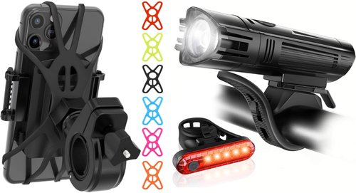 TruActive Premium Bike Phone Mount Holder & Bike Light Set Bundle | Universal Cell Phone Mount for 4"-7" Phones | USB Rechargeable Ultra-Bright Front Headlight and Back Tail Lights | Easy Installation
