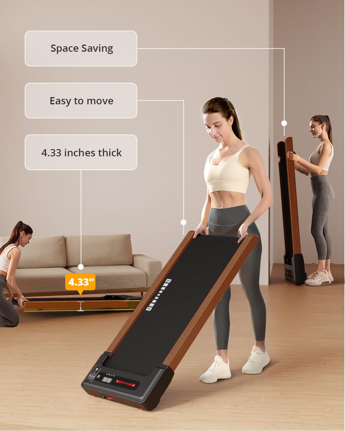 FYC Wooden Walking Pad Treadmill - Quiet, Compact for Home Use - 265lbs Capacity, Remote Control, Installation - Free, Ideal Walking Pad for Small Spaces