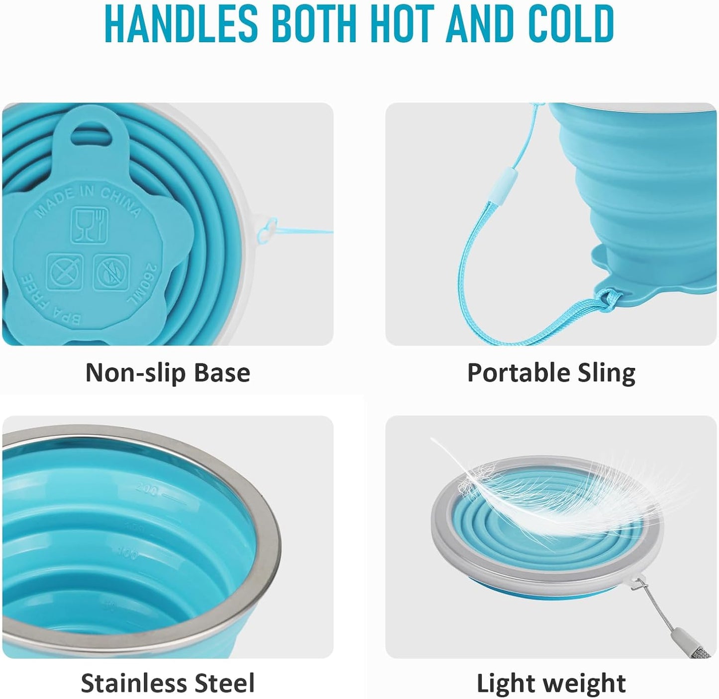 JBER Silicone Collapsible Travel Cup, 4 Pack Silicone Folding Camping Cup with Lids Expandable Drinking Cup Set BPA Free Reusable Portable Graduated for Outdoor Hiking Travel