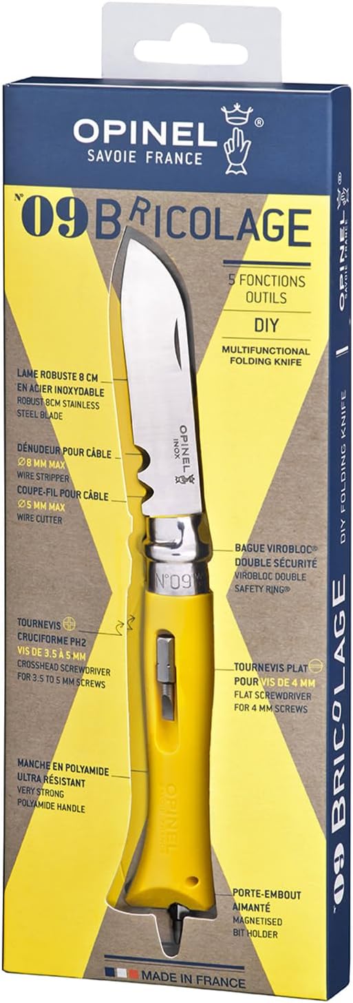 Opinel No.09 DIY - Stainless Steel Folding Pocket Knife and Multi-Tool, Wire Stripper, Screwdriver, Made in France
