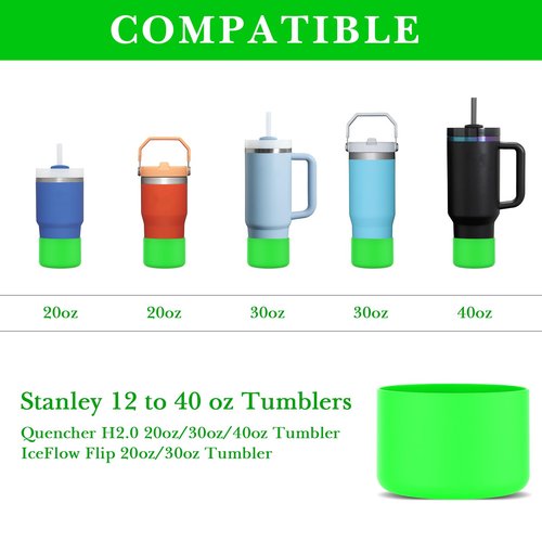 Linkidea 2 Pack Water Bottle Boot Compatible with Stanley Quencher H2.0 20oz/30oz/40oz, IceFlow Flip 20oz/30oz Tumbler, Silicone Bottle Bottom Sleeve Cover Bumper Protector (Neon Green)