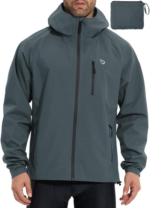 baleaf Men's Rain Jacket Waterproof Running Cycling Windbreaker Golf Hiking Gear Hood Raincoat Packable Reflective Grey M