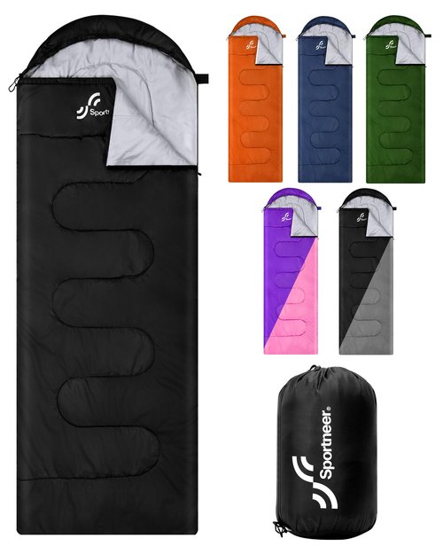 Sportneer Sleeping Bag, 3 Seasons Warm Cold Weather Sleeping Bags for Adults Kids Boys Girls with Compression Sack- Lightweight Camping Essentials Gear Accessories, Backpacking, Hiking (Black)