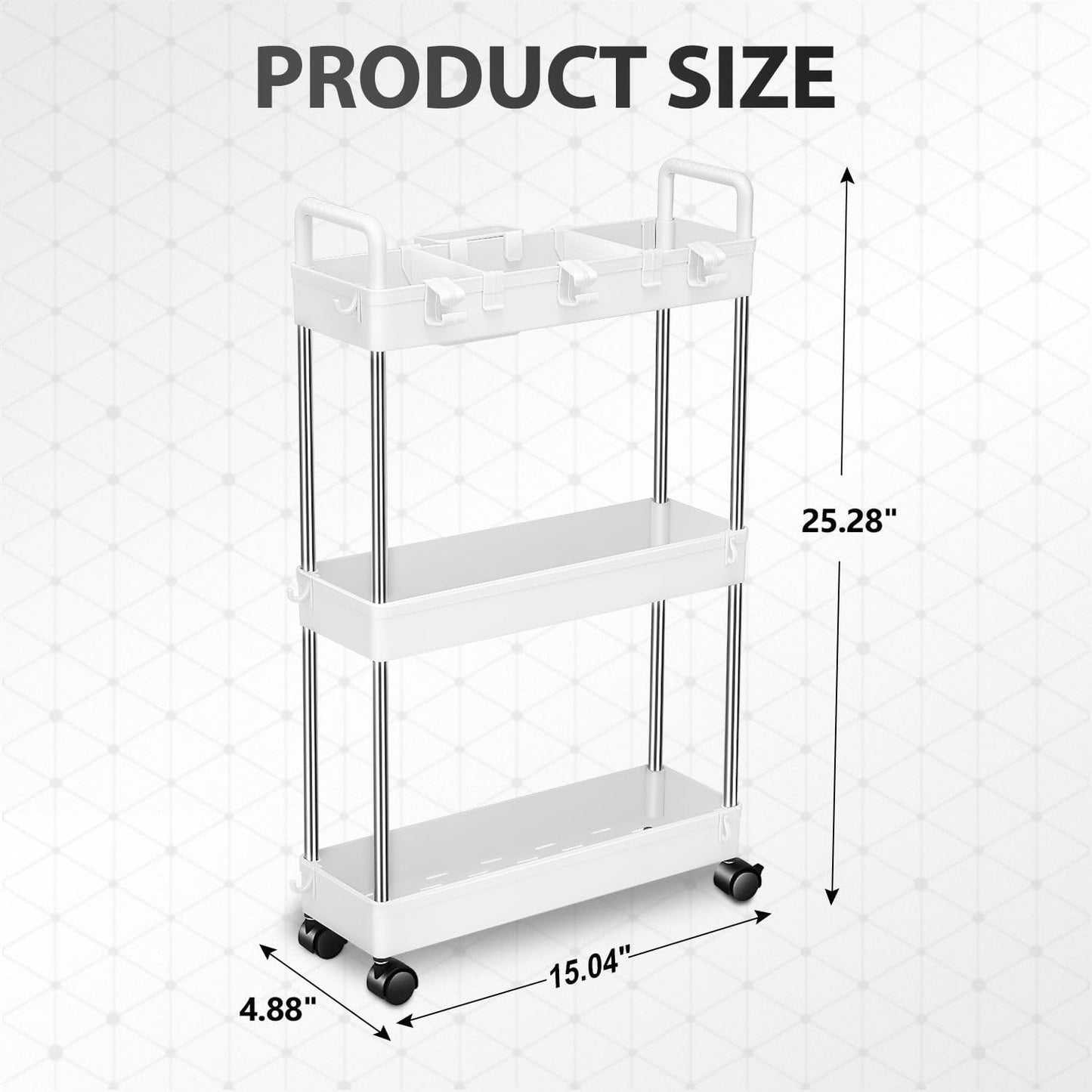 DNA MOTORING 3 Tier Slim Rolling Storage Cart, Plastic Utility Cart Organizer, Mobile Shelving Unit Utility Cart for Garage, Warehouse, Kitchen, Bathroom, Narrow Space, w/Wheel, White, TOOLS-00797-WH