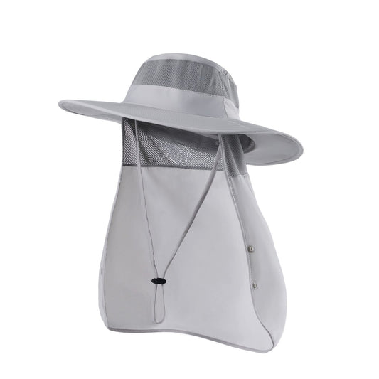 Sclzoed Fishing Hat for Men，Outdoor Sun Hat UPF52+ Mesh Wide Brim Fishing Hat with Neck Flap Light Gray