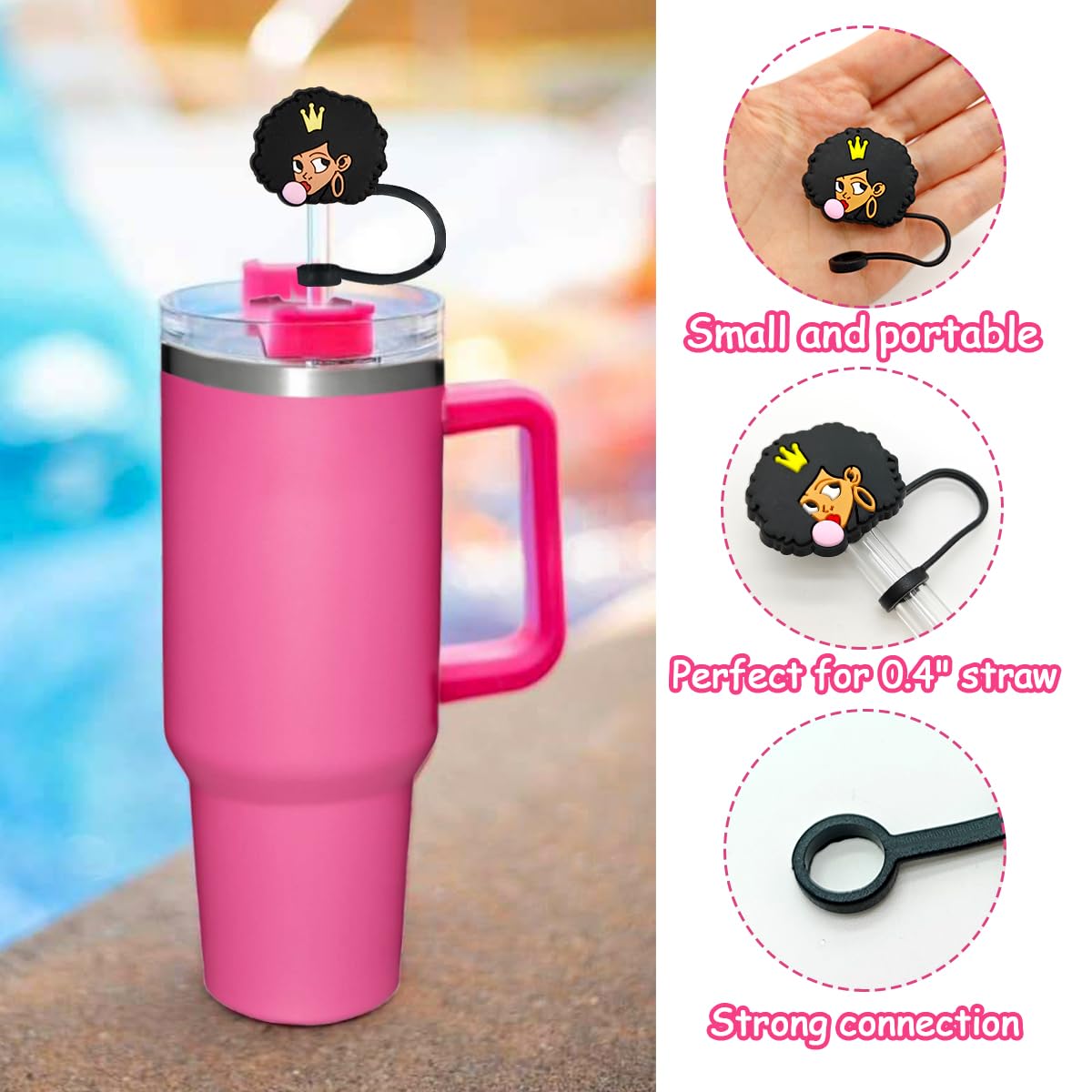 9Pcs Black Girl Straw Cover Topper for Stanley 40oz Tumbler Straw Cap for 0.4inch Straws Stanley Cup Accessories