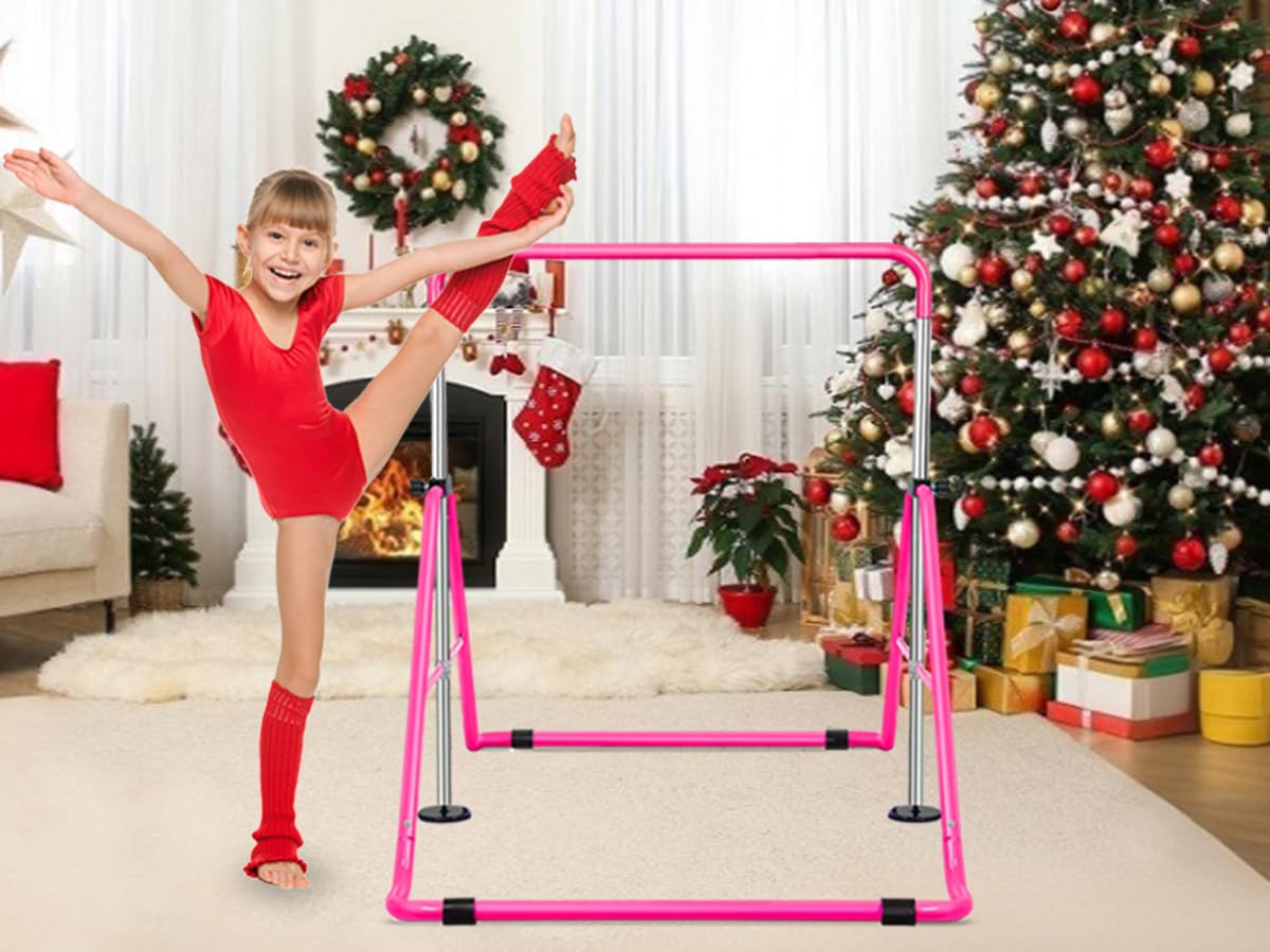 Bighaki808 Gymnastics Bars Kids Training Bars for Home, Folding Horizontal Bars with Adjustable Height Expandable Gymnastics Equipment Junior Kip Bar for Girls & Boys (Pink)