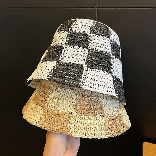 Sun Hats for Women Checkered Straw Bucket Hats UV Protection Sunhat Plaid Packable Sun Protection Hat Y2K Accessories (One Size,Khaki)