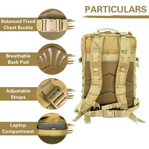 NWT XPEDITION Tactical Backpack, Stronger Military Laptop Backpack for Work, Molle Bag for Weekender Travel Hiking Camping Khaki