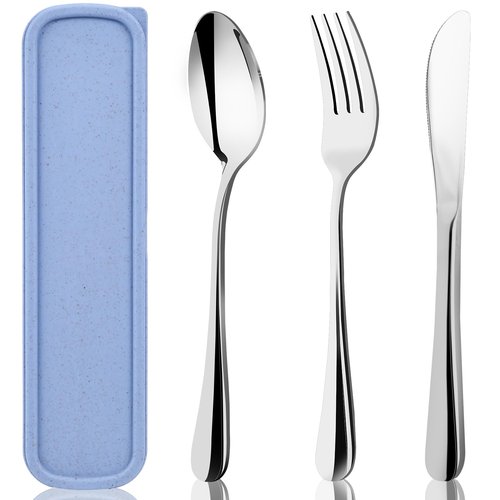 HANSGO 3PCS Portable Utensils Set with Case, Travel Cutlery Set Stainless Steel Utensils Reusable Silverware for Lunch Camping School Picnic Office Dishwasher Safe Blue