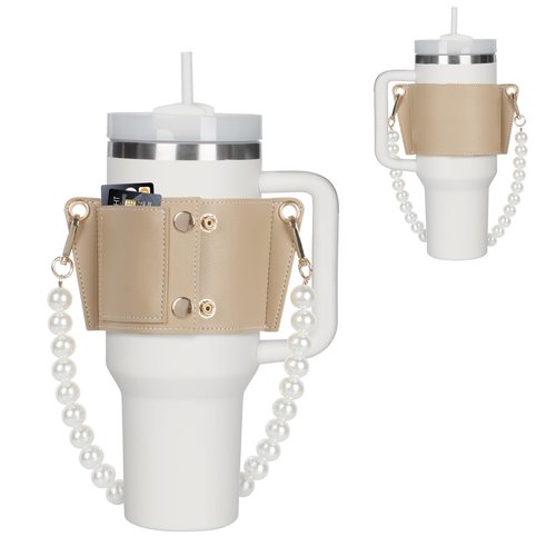 Leather Water Bottle Holder With Imitation Pearl Beads Water Bottle Sling, Compatible with Stanley 30 oz & 40 oz Tumbler with Handle, Water Bottle Carrier with Card Holder，Stanley Accessories