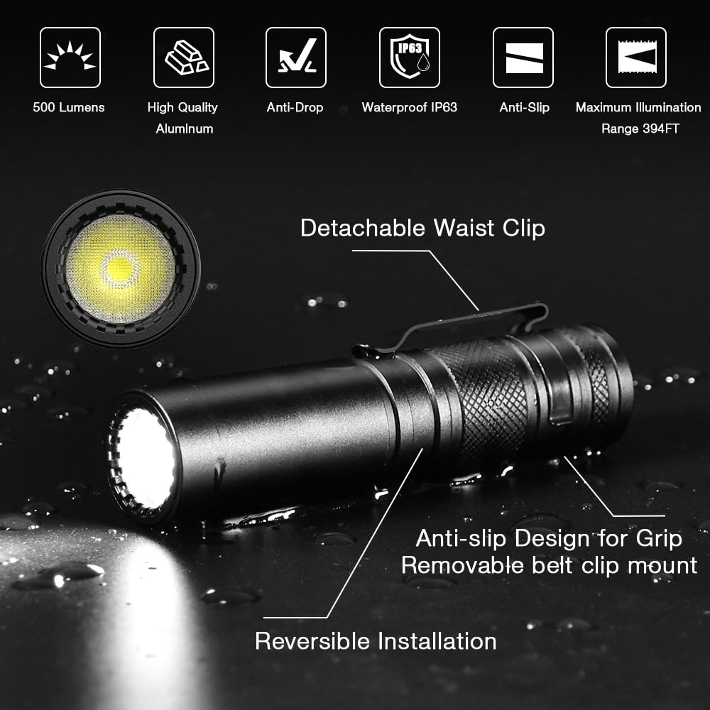 AUCLAYTEC 500 Lumens Tactical Flashlight, 6 Modes Pocket Flashlight Rechargeable High Bright Beam Small Handheld Flash Light Emergency Flashlights with Lampshade for Camping, Hiking, Walking (2 Pack)
