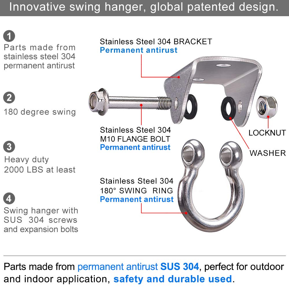 BeneLabel Stainless Steel Heavy Duty Swing Hanger Ceiling Mount 1600 LB Capacity Swing Hardware for Swing Seat, Yoga, Heavy Bag, Porch Swing, Hanging Chair with 2 Screws and 2 Expansion Bolts
