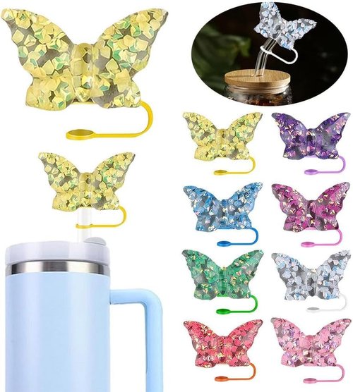 Stanley Cup Butterfly Straw Cover Cap, Bling Bow Straw Covers for Tumbler Cups - Dust-Proof Silicone Tips Lids Protectors (Rose)