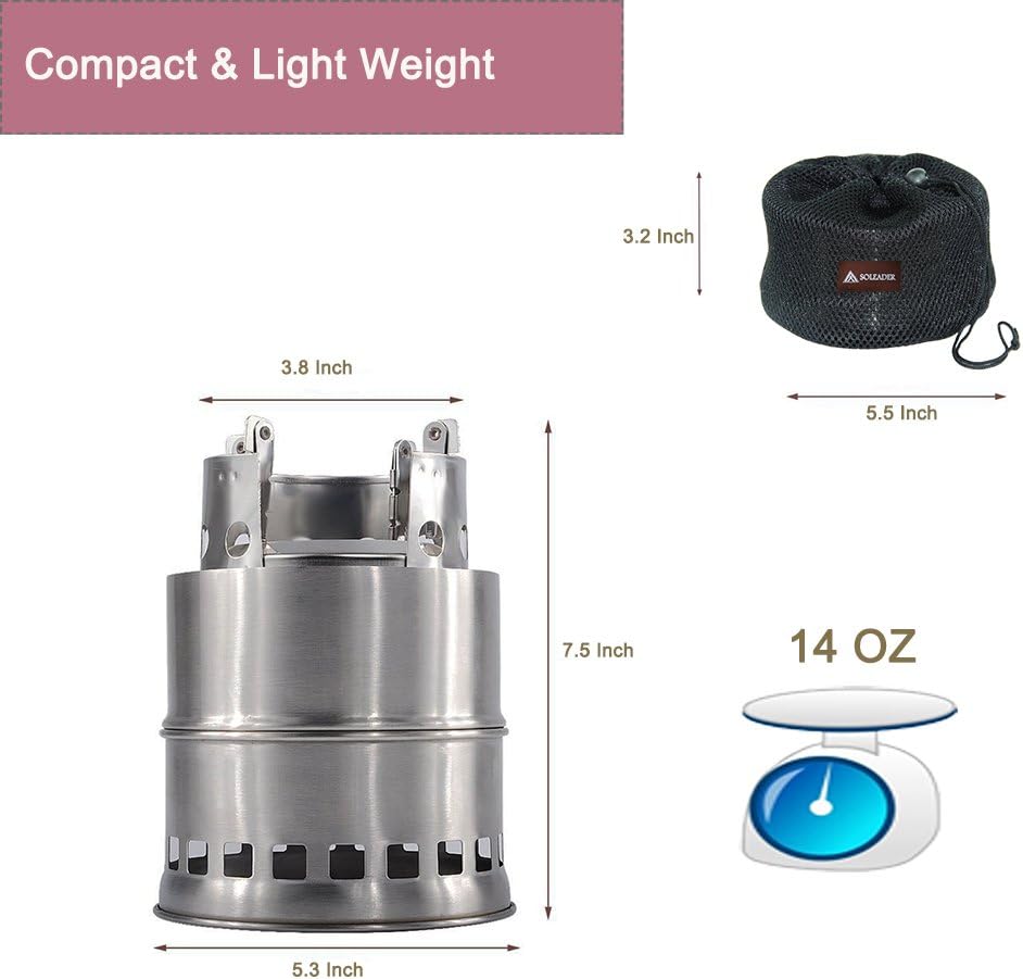 SOLEADER Portable Wood Burning Camp Stoves - Stainless Steel Compact Gasifier Stove - Twig Stove For Camping, Hiking, Picnic, BBQ, Backpacking The 3rd Generation