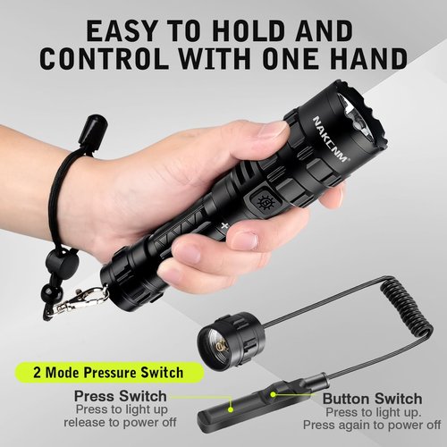 NAKCNM Tactical Flashlight with Picatinny Rails Mount, 3000 Lumen Weapon Light Rechargeable 5 Modes, Remote Pressure Switch Included for Hiking Outdoor Activities