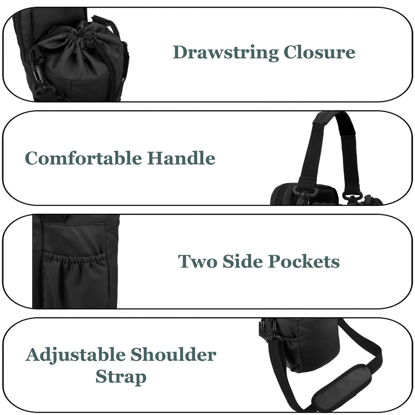 JRQCSJY Water Bottle Holder with Strap, 32/40oz Insulation Water Bottle Carrier Bag with Phone Pocket, Water Bottle Sling Bag Crossbody Water Bottle Holder for Hiking Walking(Black)