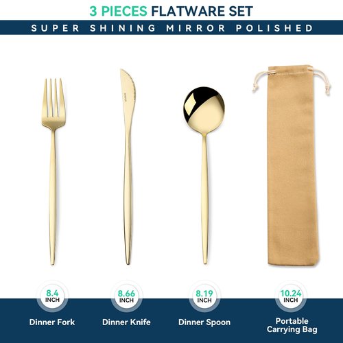 VIVANI Travel Utensils with Case, 3 Pieces Reusable Champagne Gold Utensils Set, Stainless Steel Camping Cutlery Set for Lunch Box