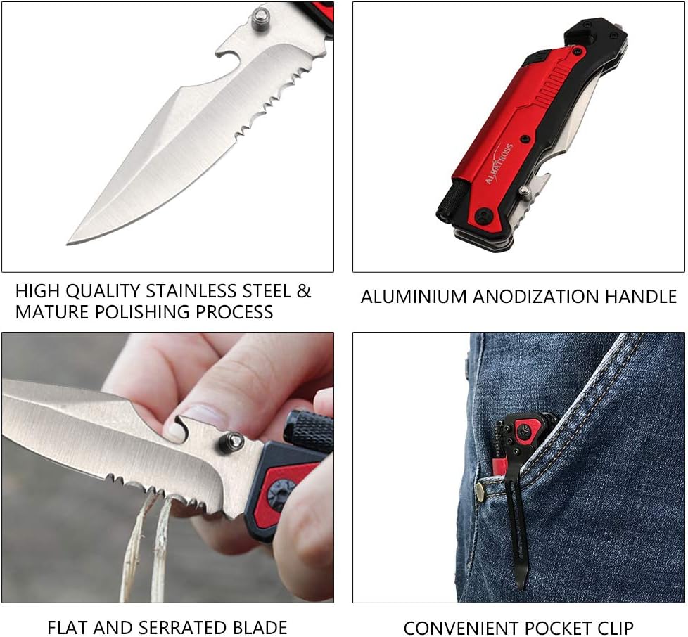 ALBATROSS 6-in-1 Survival Tactical Military Folding Pocket Knives with LED Light,Seatbelt Cutter,Glass Breaker,Magnesium Fire Starter,Bottle Opener;Multi-Function Emergency Tool(Black)