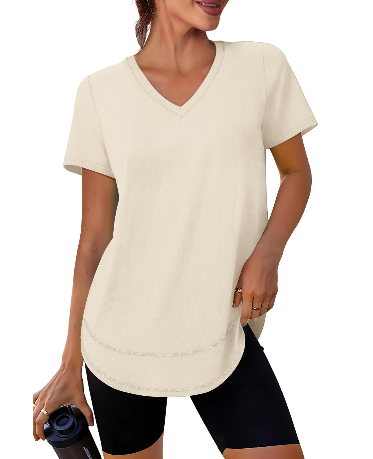 Short Sleeve Shirts for Women Workout Yoga Tops Sun Protection Clothing Summer Outfits Rash Guard Side Slit V Neck White XL