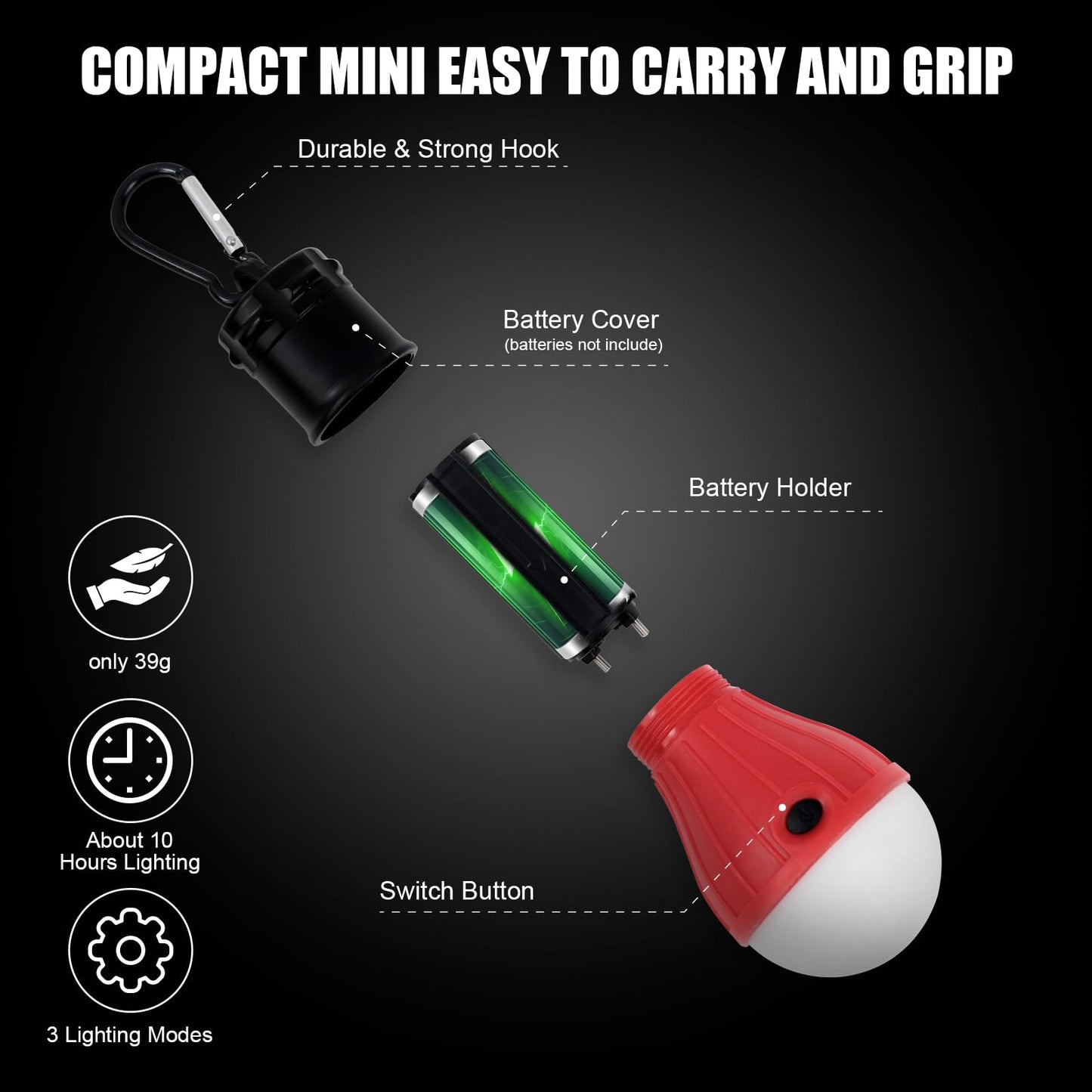 EXTRASTAR LED Camping Lantern, 3 Lighting Modes, Hanging Tent Light Bulbs with Clip Hook, Camping Essentials, Ideal for Hiking, Hurricane, Storms, Outages, Battery Powered, 4 Packs