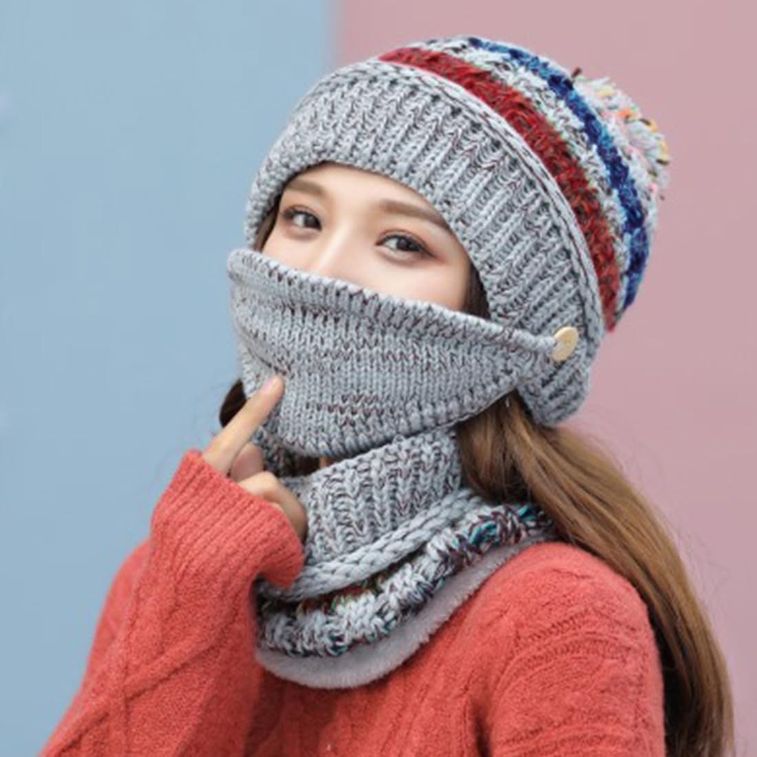 Ypser Women's Winter Warm Knitted Crochet Hat Fleece Lined Cable Faux Fur Pom Pom Beanie Hat Skull Cap