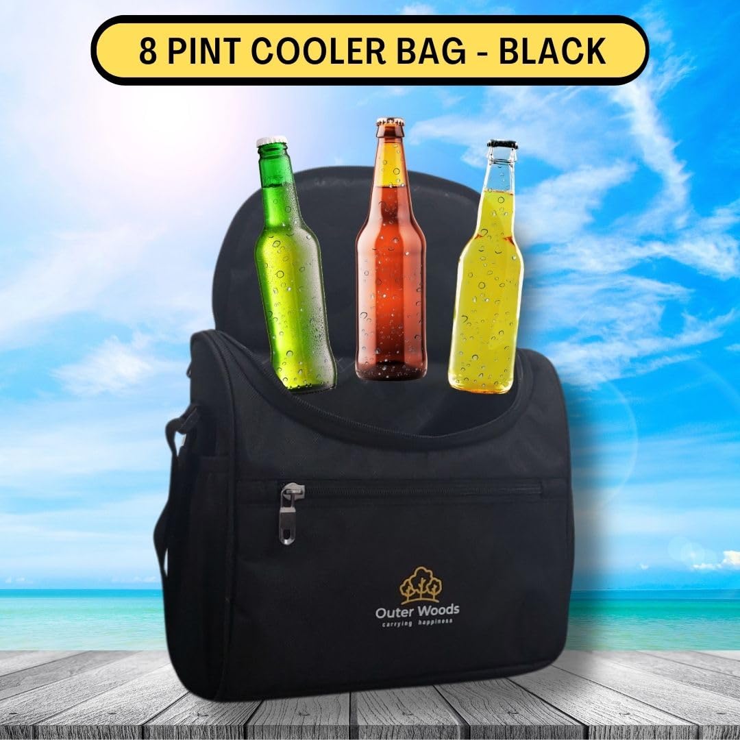 Outer Woods Insulated 8 Pint Bottle Bag, Fits 8 x 330 ml Pint Bottles, 6 to 8 Hours Cooling, Includes 4 Ice Gel Packs, Black