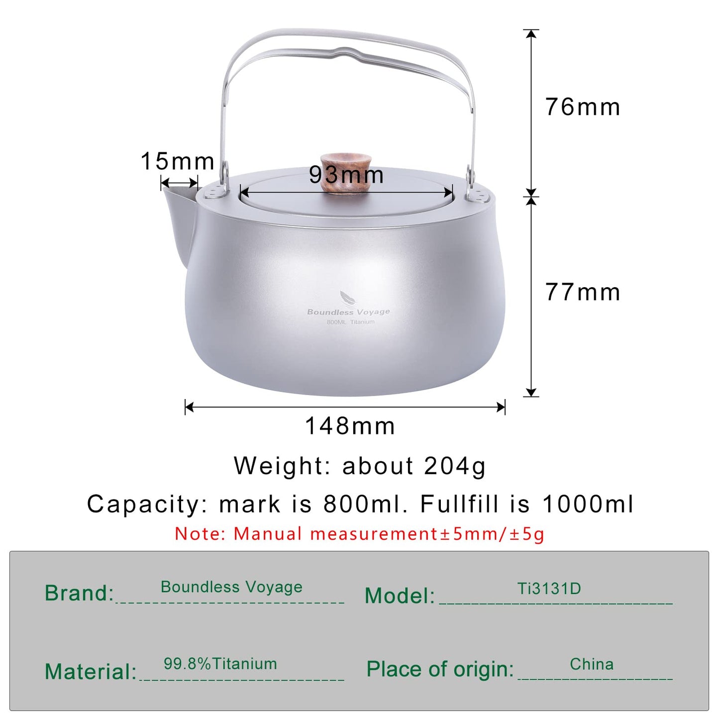 Boundless Voyage Titanium Kettle 800ml/27fl oz Folding Handle Filter Camping Teapot Coffee Pot for Outdoor Boil Water