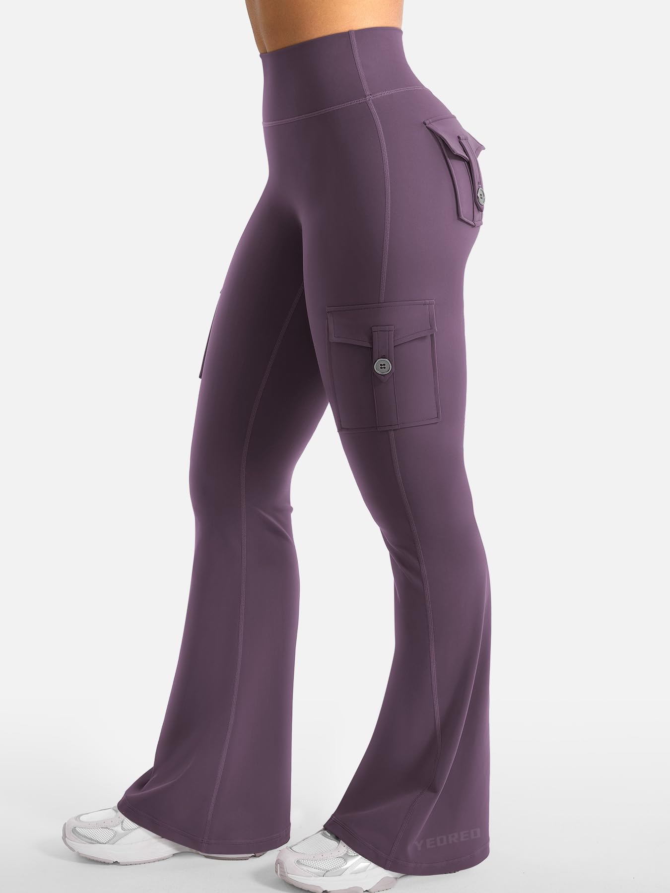 YEOREO CoreFlex Women Workout Flare Leggings with Pockets Hidden Scrunch Cargo Gym Yoga No Front Seam Leggings Black Berry Purple S