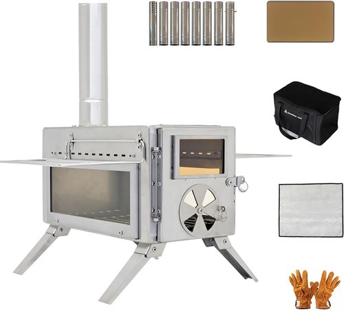 Dandelion shell Portable Camping Wood Stove with View Glass and Cooking Function, 8 Stainless Steel Chimneys for Shelter, Hunting, Outdoor Cooking, and Heating (304 Stainless Steel)