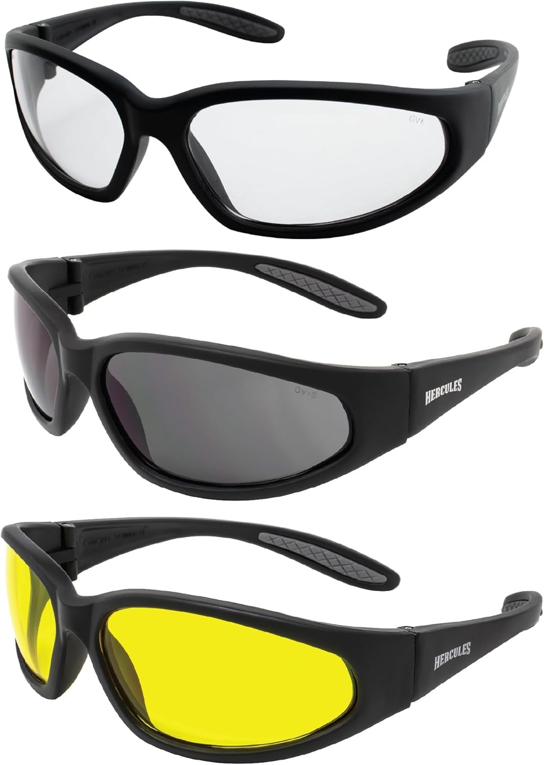 Global Vision Three (3) Pairs Hercules Safety Sunglasses with Clear, Smoke, and Yellow Lens