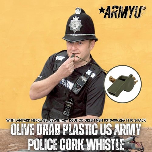 Olive Drab Plastic US Army Police Cork Whistle with Lanyard Necklace, US Military Issue OD Green NSN 8310-00-526-1110 3-Pack