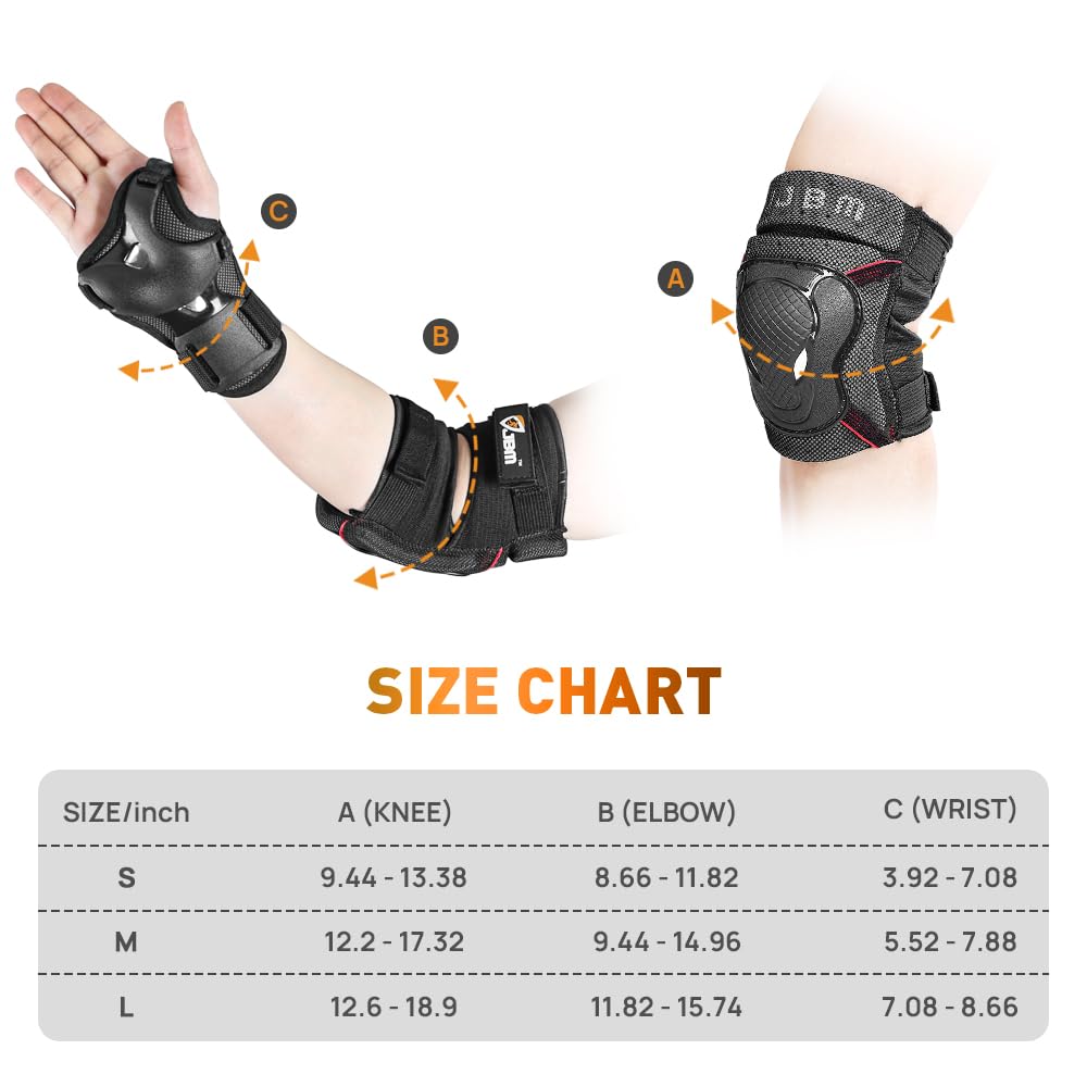 JBM Teenager Adult Bike Knee Pads and Elbow Pads with Wrist Guards Protective Gear Set for Biking, Riding, Cycling and Multi Sports Safety Scooter, Skateboard, Bicycle