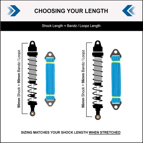 DEEZ LOOPZ: [Patent Pending] High-Performance Shock Bands for RC Cars & Vehicles 1/8 1/10 1/18, 2-Pack, RC Shock Absorbers for Crawlers, Improve Climbing/Control (Navy/Black - 90MM, Flexible)