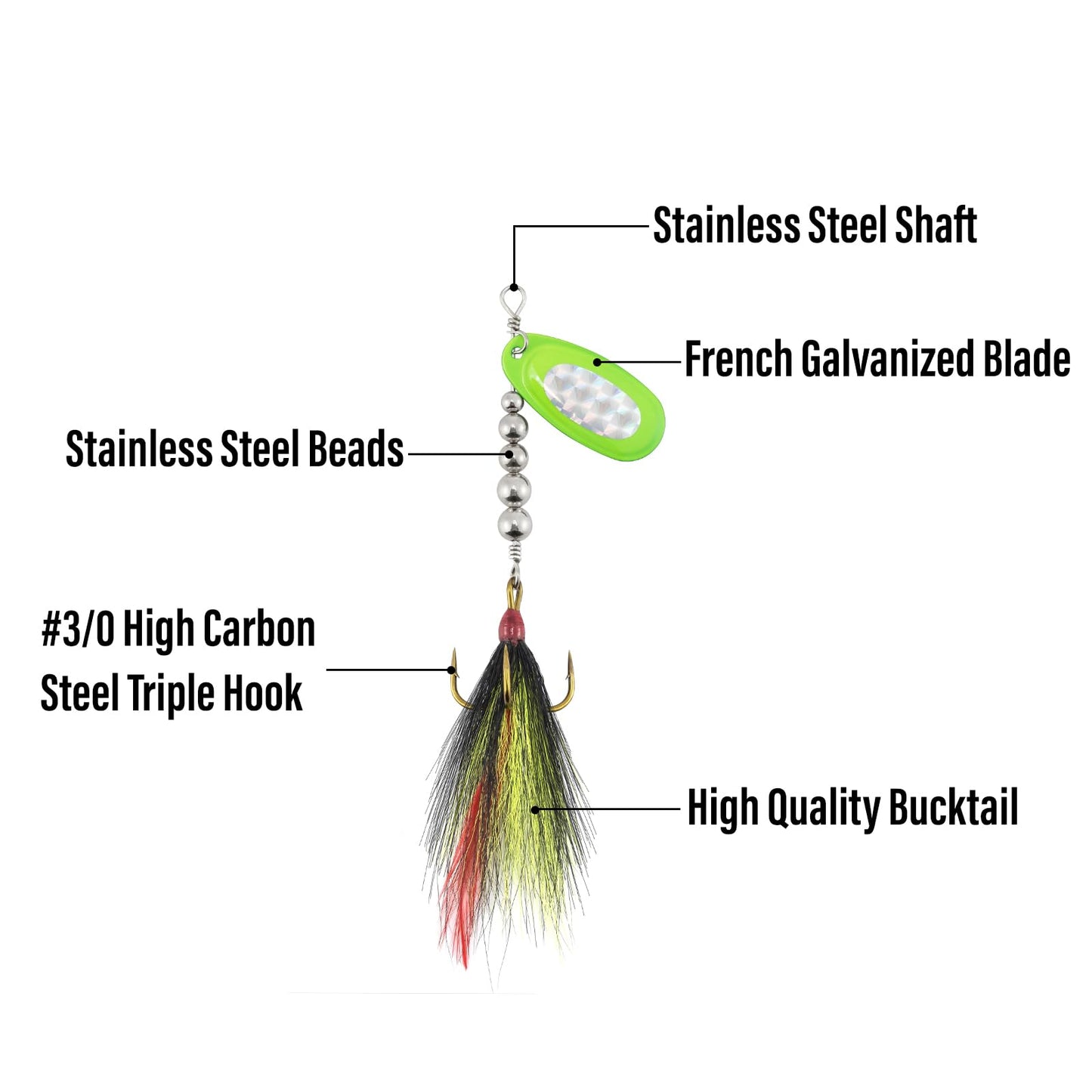 Alownder 5PCS Musky Lures Bucktail Spinnerbait Muskie Fishing Lures, French Blade Stainless Steel Shaft Beads Triple Hook Inline Spinner Bait Kit for Pike Bass Trout Kokanee Salmon Fishing