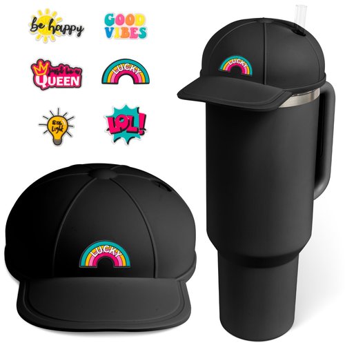 Tizuxa Baseball Cap Dustproof Lid Cover for Stanley Cup, with 7pcs Cap Charms Decorative Dust Covers for 40 Oz Tumbler Silicone Cup Accessories Decoration Case - Black