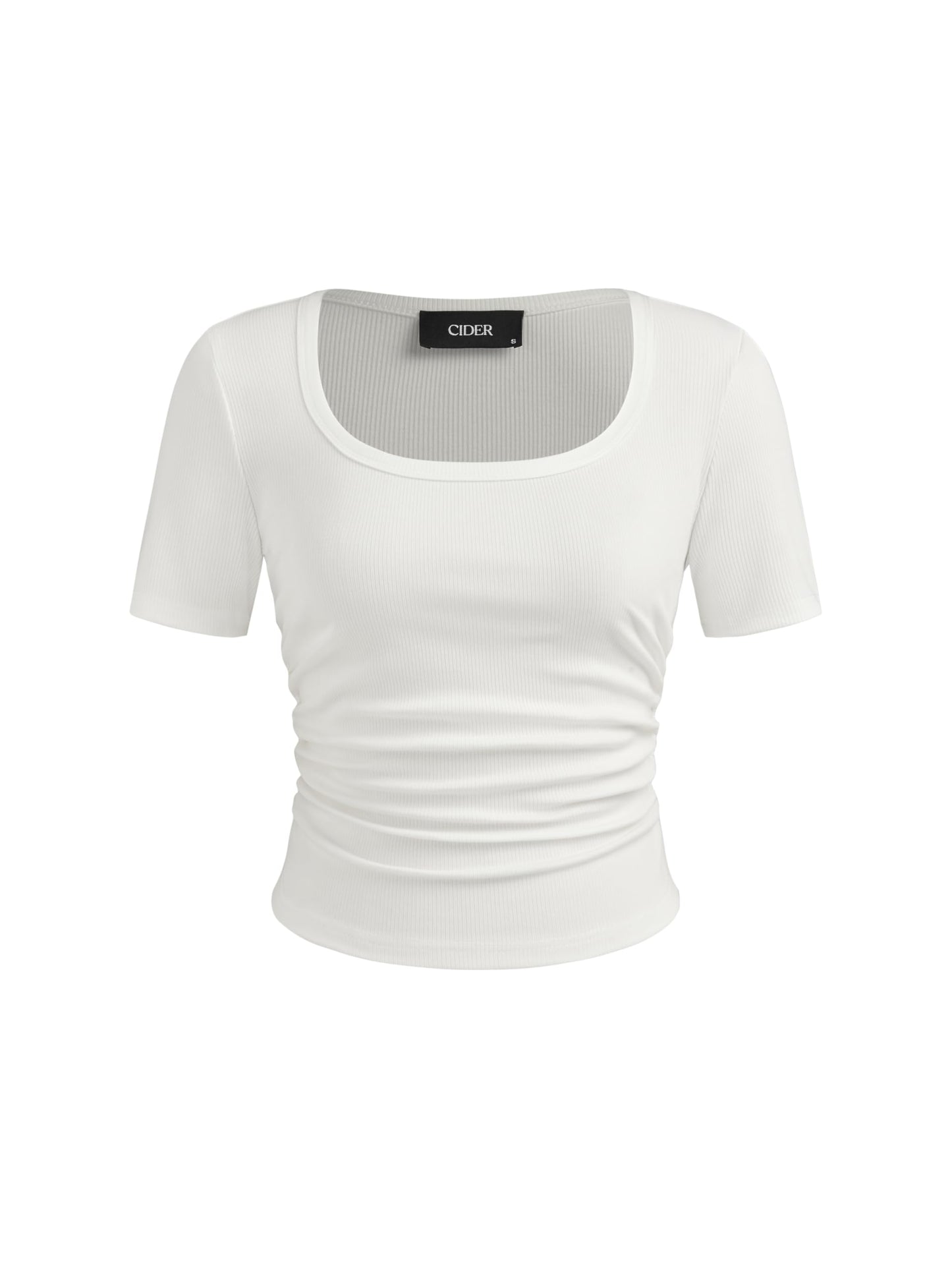 CIDER Crop Tops for Women Square Neck Short Sleeve Ruched Fitted Tee Casual Basic Summer Going Out Tops Black