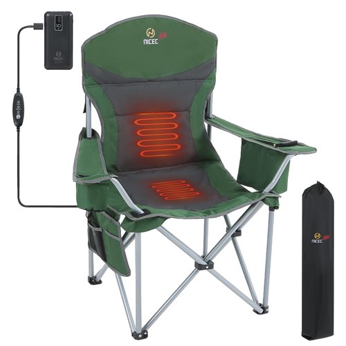 Nice C Heated Camping Chair with Battery, Heated Outdoor Sports Chair, Folding Chairs, with Cooler Bag, Cup Holder, Carry Bag, 10000 mAh Power Bank Included (Green&Grey 1-P)