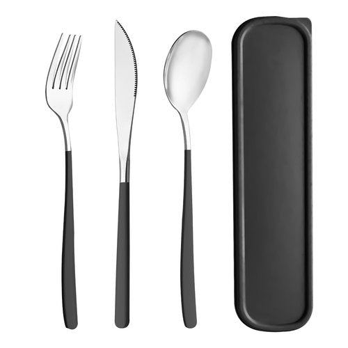 HMDZMR Travel Utensils with Case, 4pc Reusable Utensils Set with Case, Camping Utensil Set, Portable Silverware Lunch Utensils Set for Work Camping School (Black)